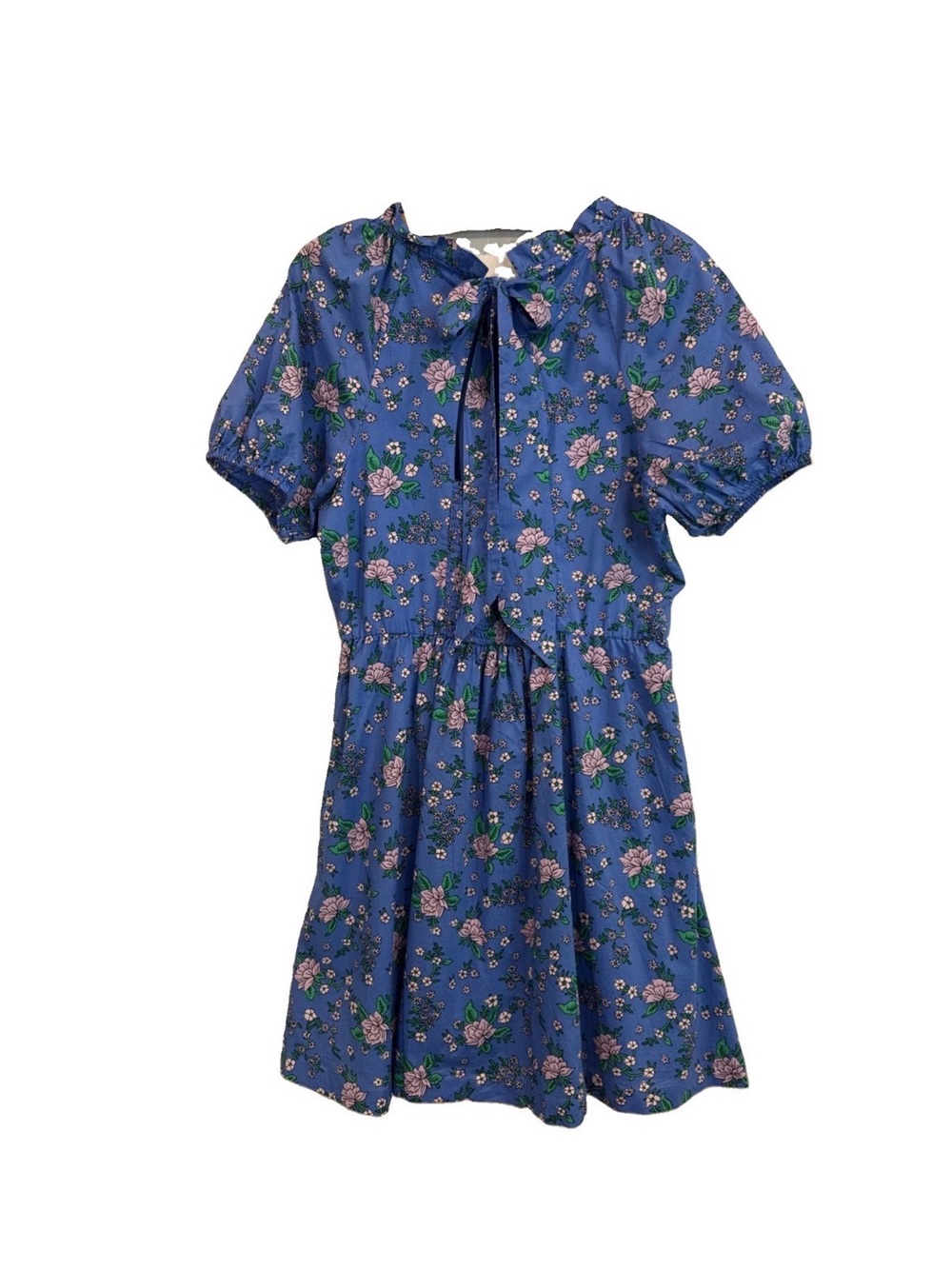 J. Crew Coastline Blue Floral Ruffle-Neck Casual Dress Sz 10 100% Cotton - Picture 2 of 8